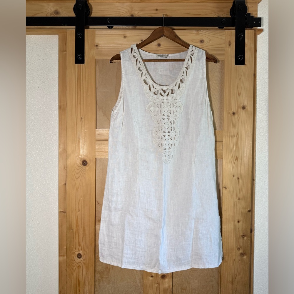 White Linen Sleeveless Tunic/Dress with Crochet Detail